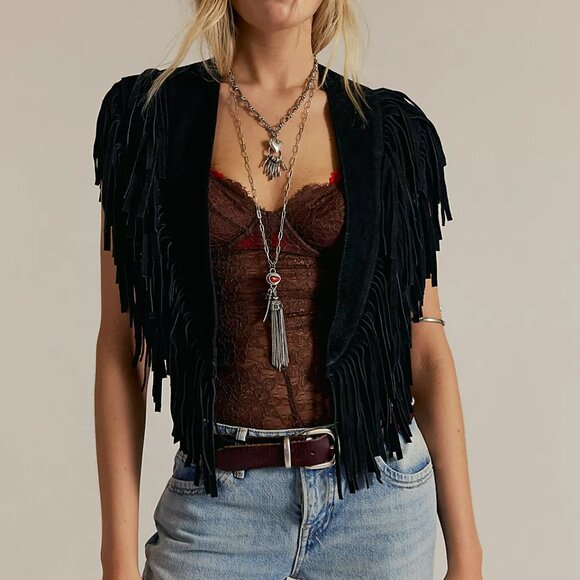 Free People Wide Eyes Suede UNDERSTATED LEATHER Fringe Collar Wrap OS NWOT - Picture 7 of 8